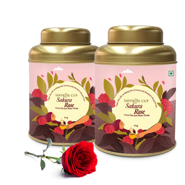 Saffron Cup Sakura Rose Green Tea - 120gm, Pack of 2 (Airtight Double Lids Tin) - saffroncup